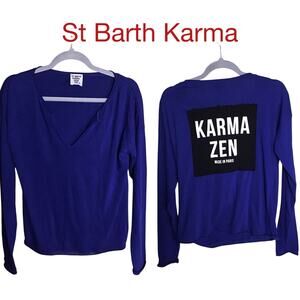 Women Shirt St Barth Karma Logo  Open V-Neck Long/Sl Sz. Med Blue EUC No Sz tag